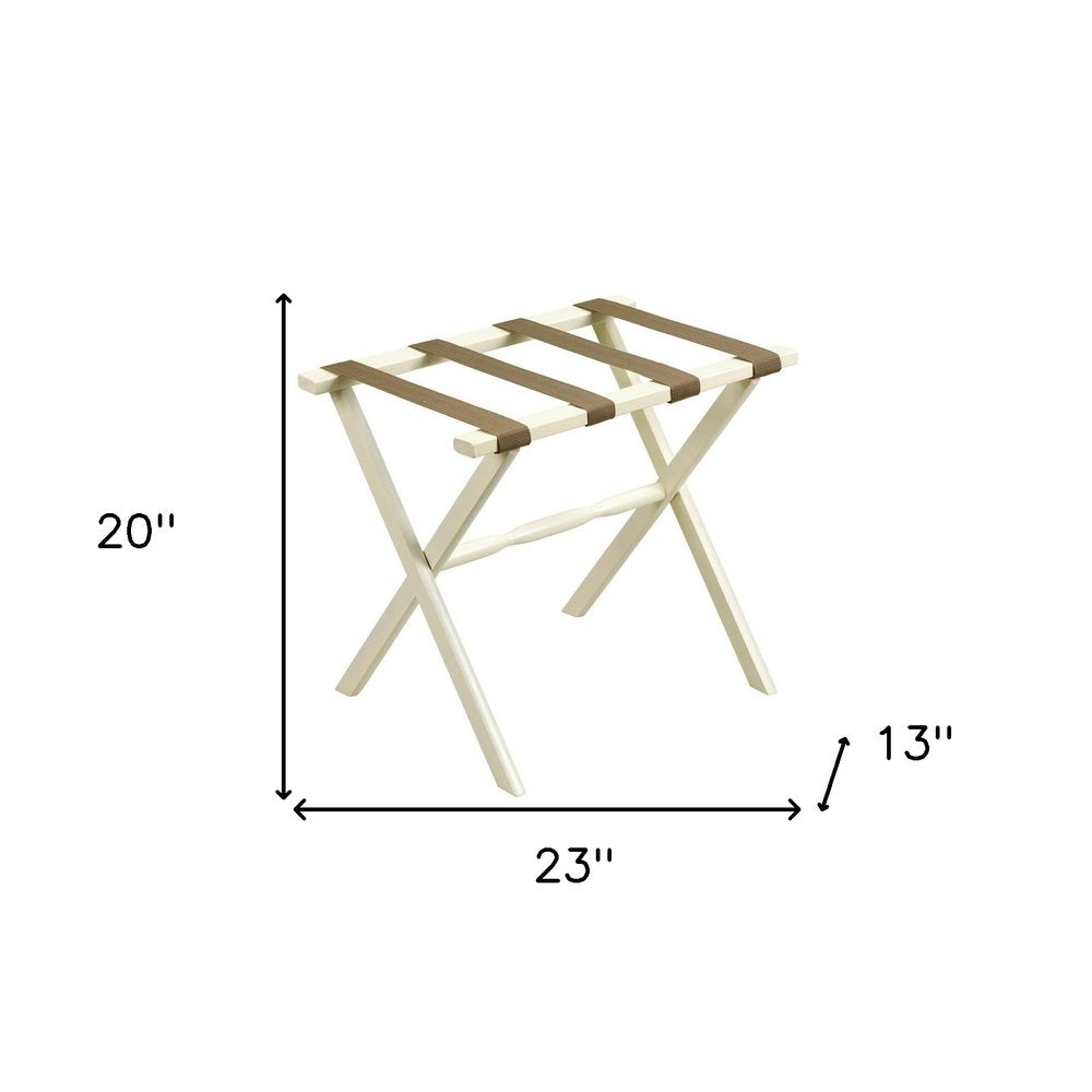 Hotel Ivory Finish Wood Folding Luggage Rack With Tan Straps HomeRoots