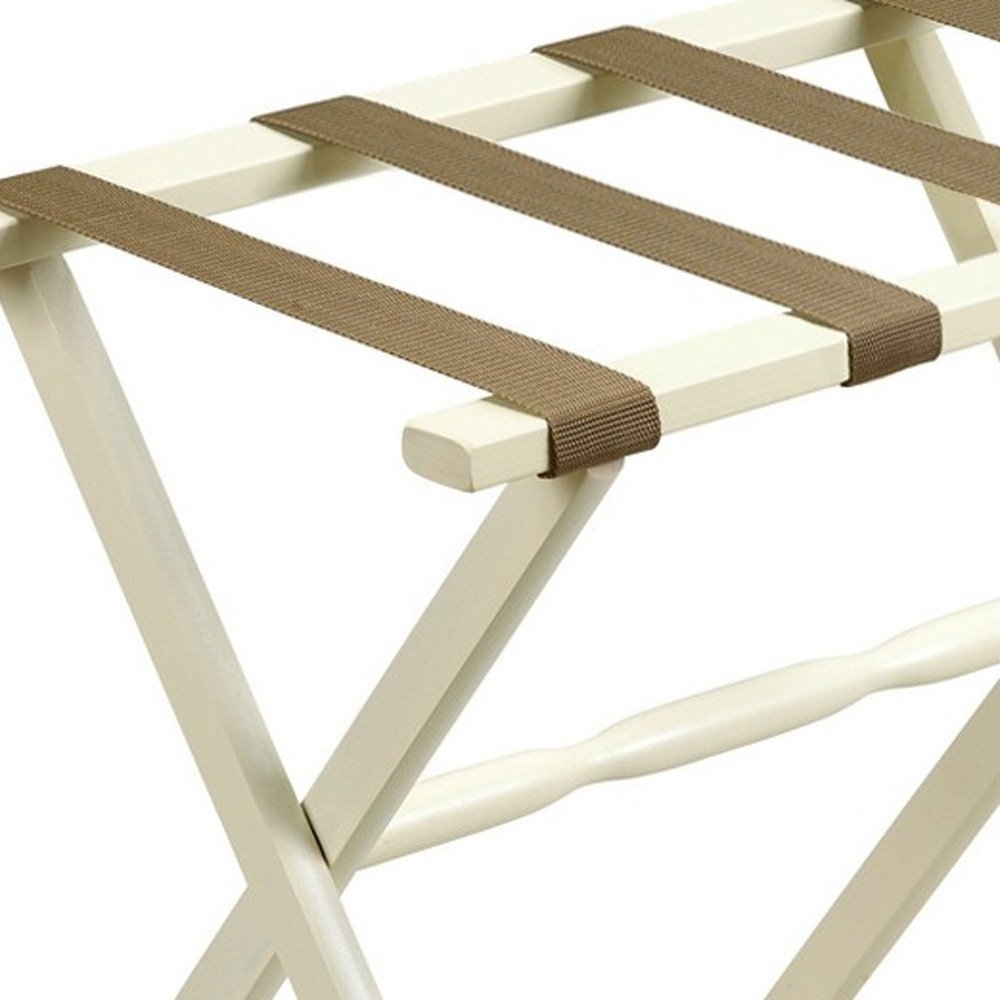 Hotel Ivory Finish Wood Folding Luggage Rack With Tan Straps HomeRoots