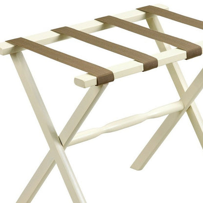 Hotel Ivory Finish Wood Folding Luggage Rack With Tan Straps HomeRoots