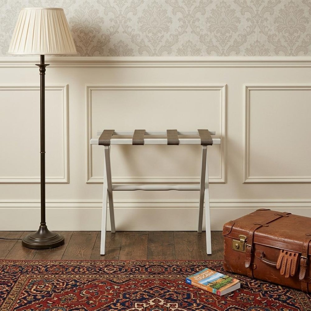 Hotel Ivory Finish Wood Folding Luggage Rack With Tan Straps HomeRoots