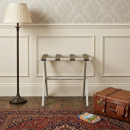 Hotel Ivory Finish Wood Folding Luggage Rack With Tan Straps HomeRoots