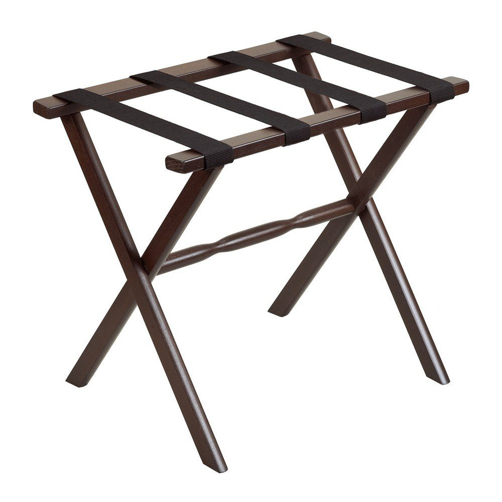 Hotel Dark Walnut Finish Wood Folding Luggage Rack With Black Straps HomeRoots