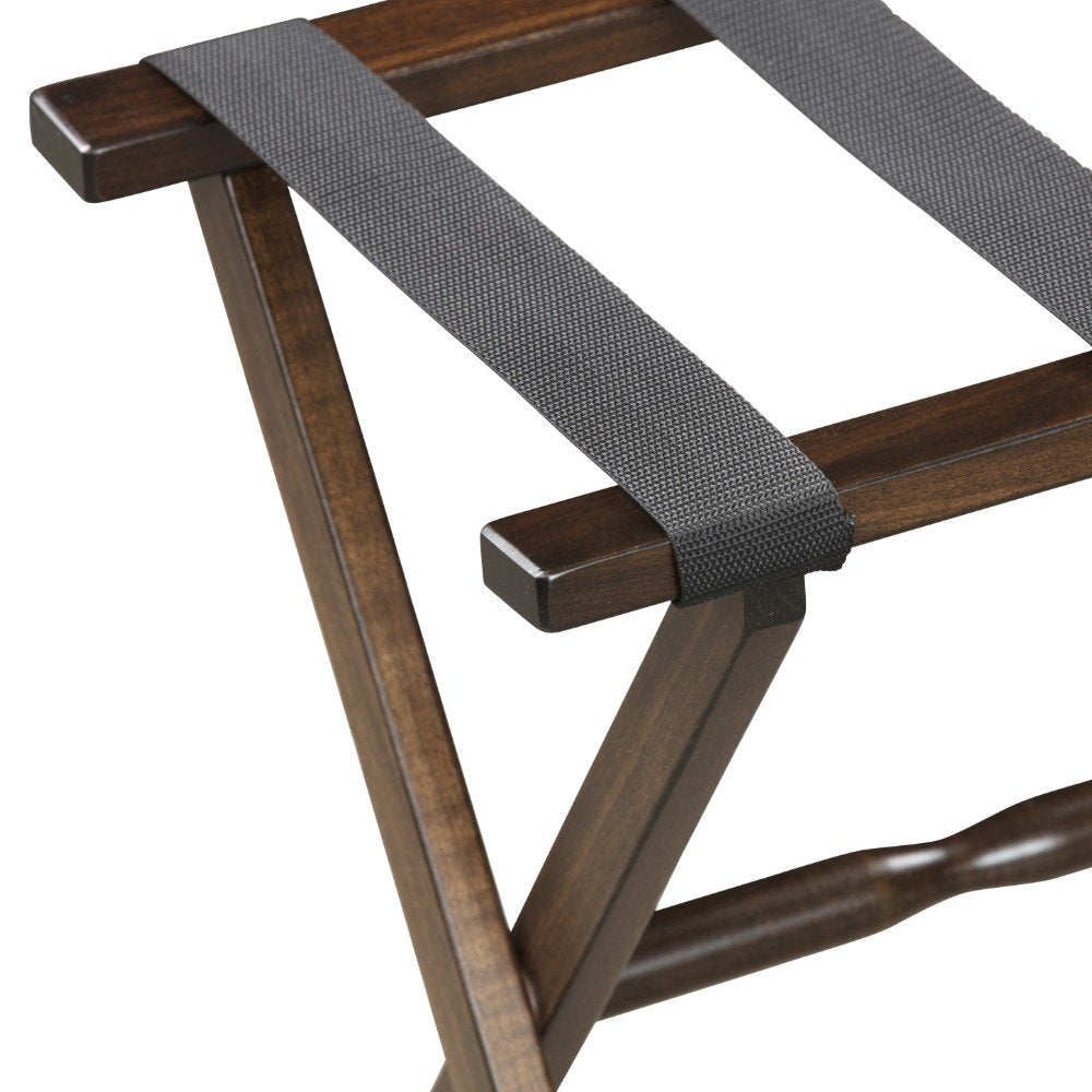 Hotel Dark Walnut Finish Wood Folding Luggage Rack With Black Straps HomeRoots