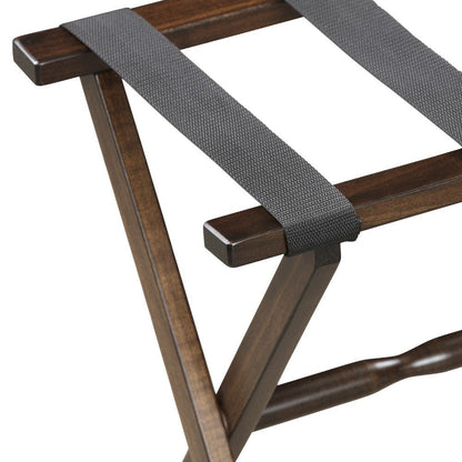 Hotel Dark Walnut Finish Wood Folding Luggage Rack With Black Straps HomeRoots