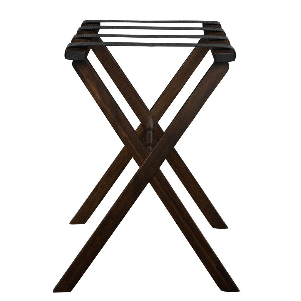 Hotel Dark Walnut Finish Wood Folding Luggage Rack With Black Straps HomeRoots
