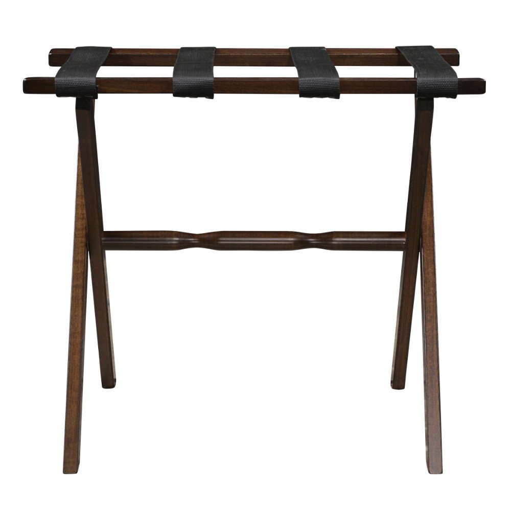 Hotel Dark Walnut Finish Wood Folding Luggage Rack With Black Straps HomeRoots