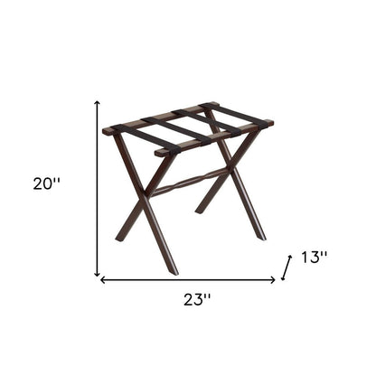 Hotel Dark Walnut Finish Wood Folding Luggage Rack With Black Straps HomeRoots