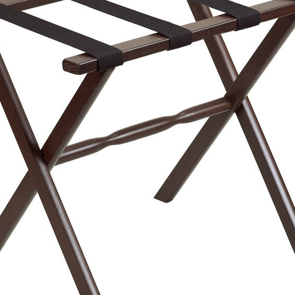 Hotel Dark Walnut Finish Wood Folding Luggage Rack With Black Straps HomeRoots