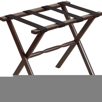 Hotel Dark Walnut Finish Wood Folding Luggage Rack With Black Straps HomeRoots