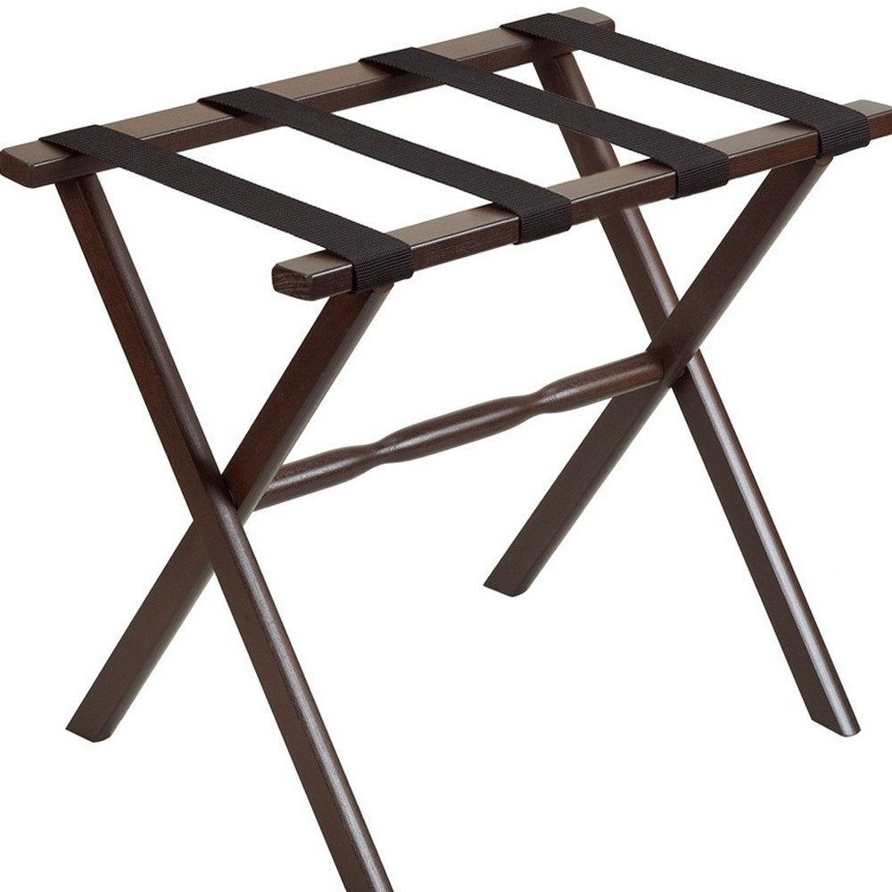 Hotel Dark Walnut Finish Wood Folding Luggage Rack With Black Straps HomeRoots