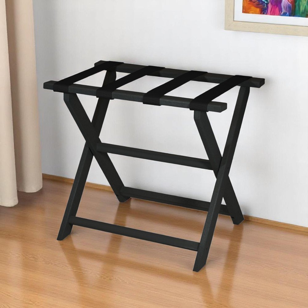 Earth Friendly Black Folding Luggage Rack With Black Straps HomeRoots