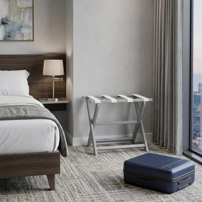 Earth Friendly Light Gray Folding Luggage Rack With White Straps HomeRoots