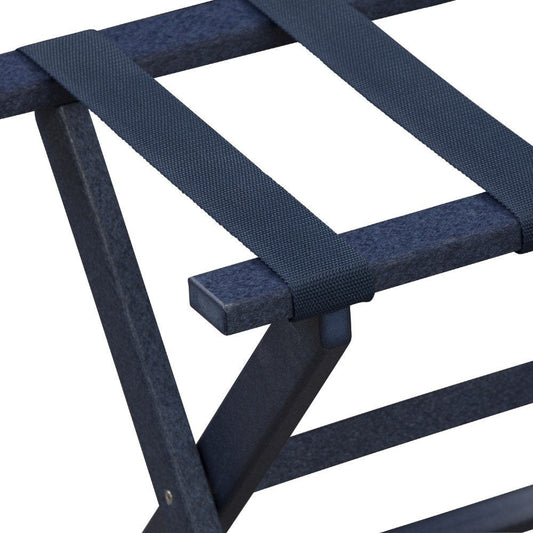 Earth Friendly Navy Blue Folding Luggage Rack With Navy Straps HomeRoots