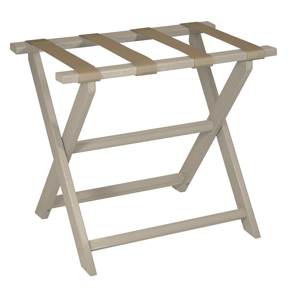 Earth Friendly Taupe Folding Luggage Rack With Dark Tan Straps HomeRoots