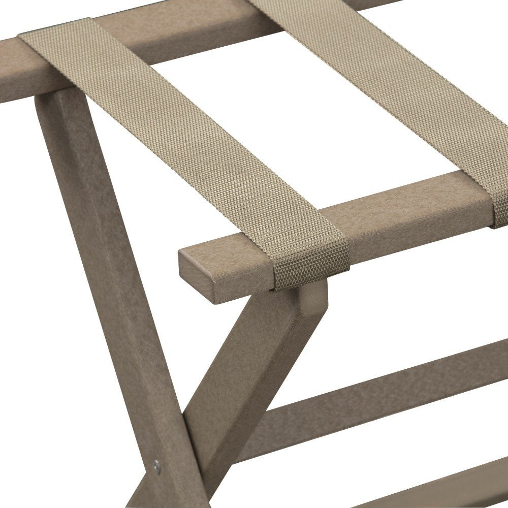 Earth Friendly Taupe Folding Luggage Rack With Dark Tan Straps HomeRoots