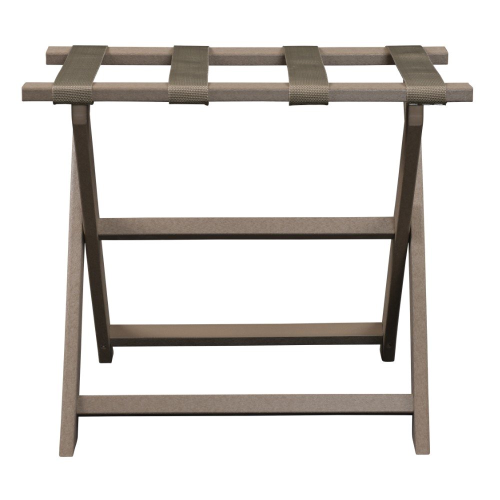 Earth Friendly Taupe Folding Luggage Rack With Dark Tan Straps HomeRoots