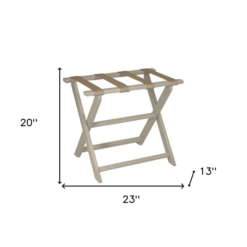 Earth Friendly Taupe Folding Luggage Rack With Dark Tan Straps HomeRoots