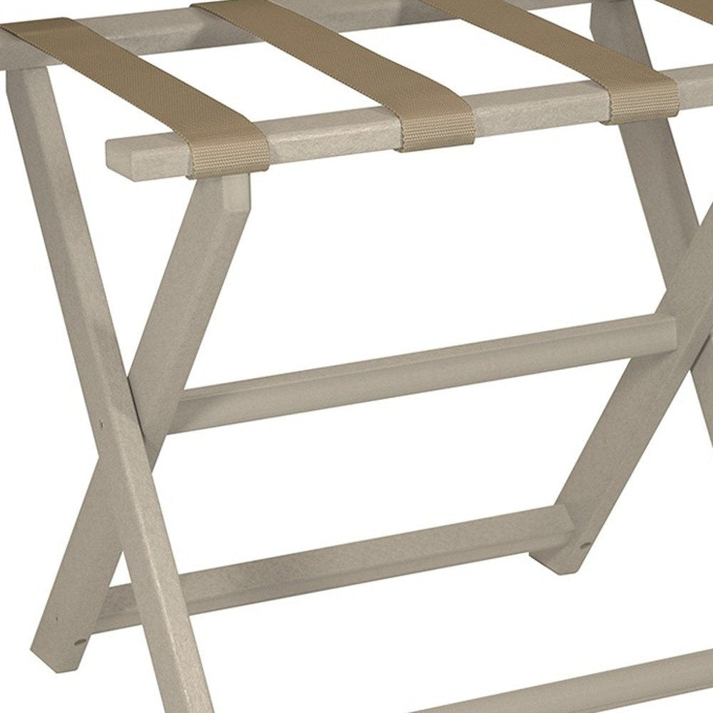Earth Friendly Taupe Folding Luggage Rack With Dark Tan Straps HomeRoots