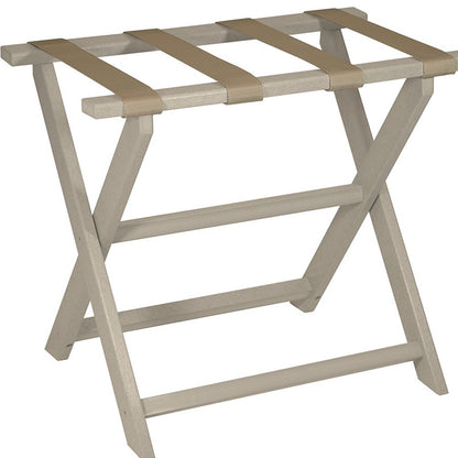 Earth Friendly Taupe Folding Luggage Rack With Dark Tan Straps