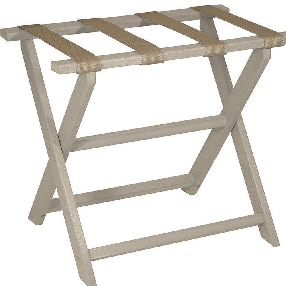 Earth Friendly Taupe Folding Luggage Rack With Dark Tan Straps HomeRoots