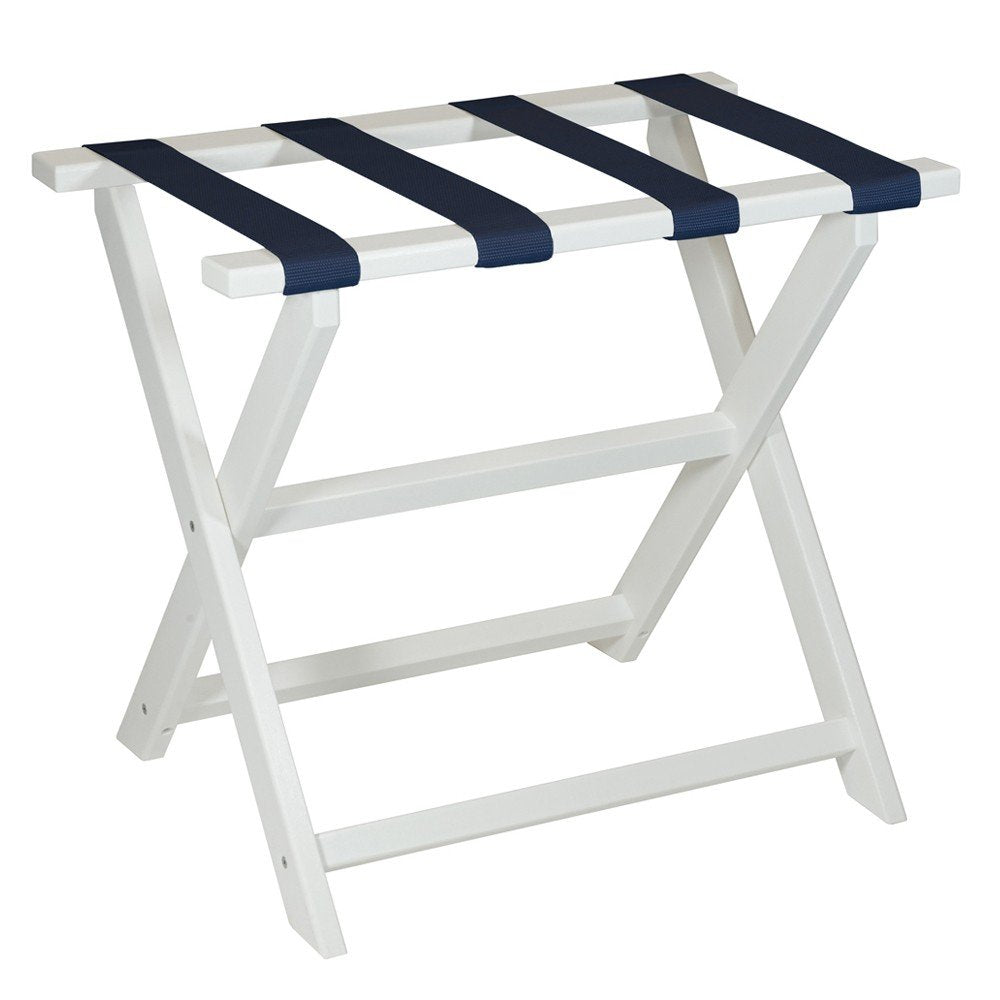 Earth Friendly White Folding Luggage Rack With Navy Straps HomeRoots