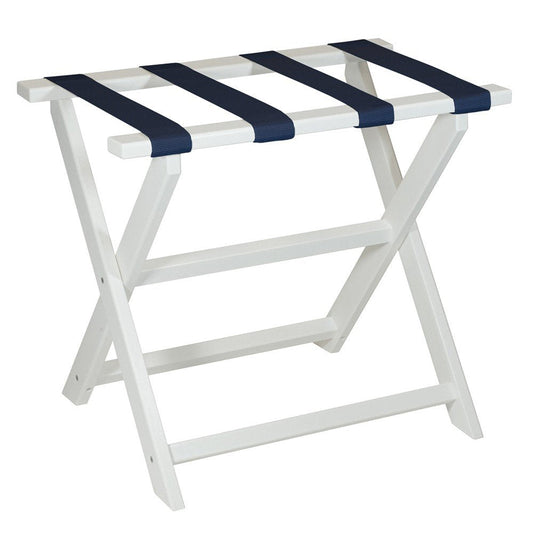 Earth Friendly White Folding Luggage Rack With Navy Straps HomeRoots