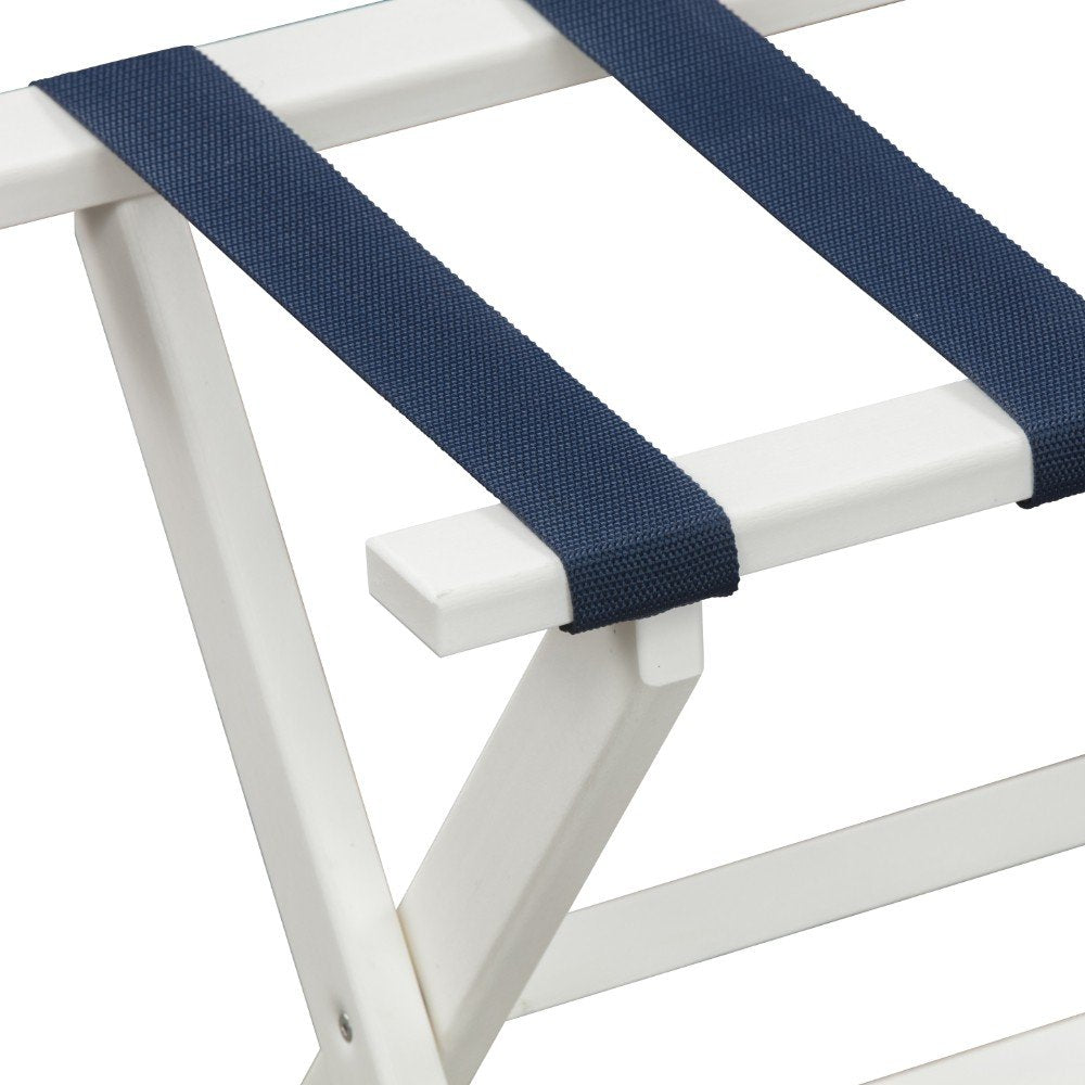 Earth Friendly White Folding Luggage Rack With Navy Straps HomeRoots