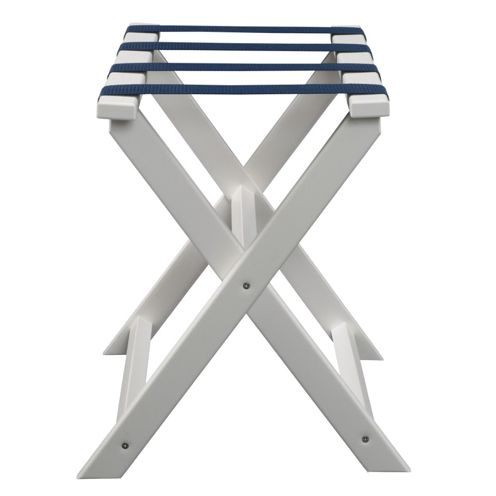 Earth Friendly White Folding Luggage Rack With Navy Straps