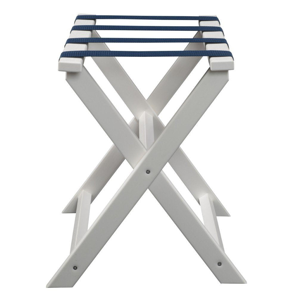 Earth Friendly White Folding Luggage Rack With Navy Straps HomeRoots