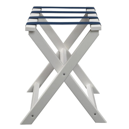 Earth Friendly White Folding Luggage Rack With Navy Straps HomeRoots