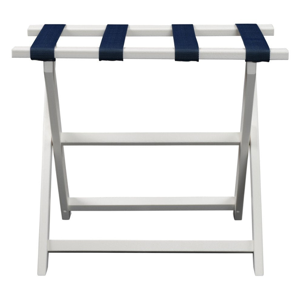 Earth Friendly White Folding Luggage Rack With Navy Straps — view 4