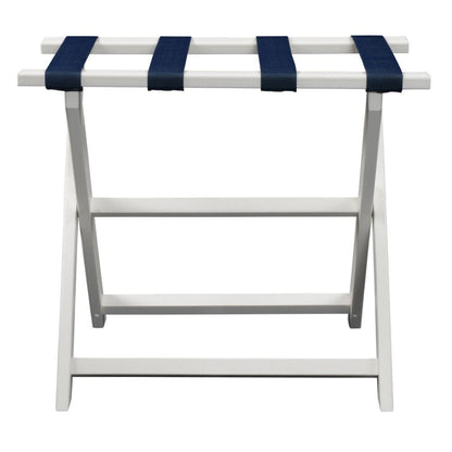 Earth Friendly White Folding Luggage Rack With Navy Straps HomeRoots