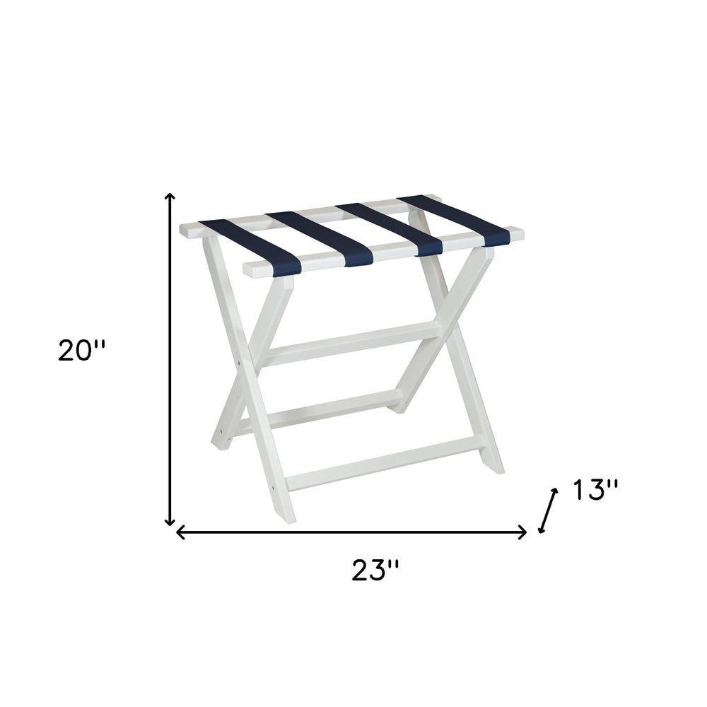 Earth Friendly White Folding Luggage Rack With Navy Straps HomeRoots