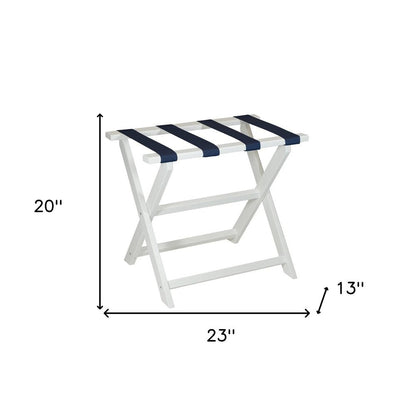 Earth Friendly White Folding Luggage Rack With Navy Straps HomeRoots