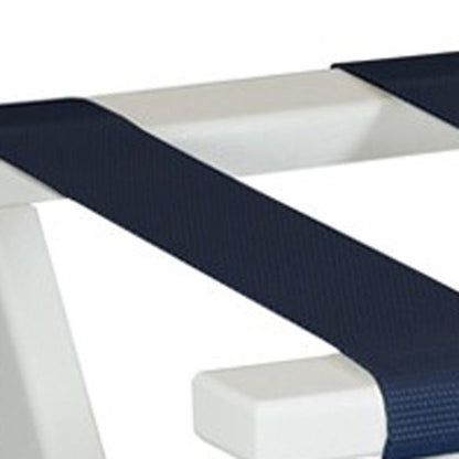 Earth Friendly White Folding Luggage Rack With Navy Straps HomeRoots