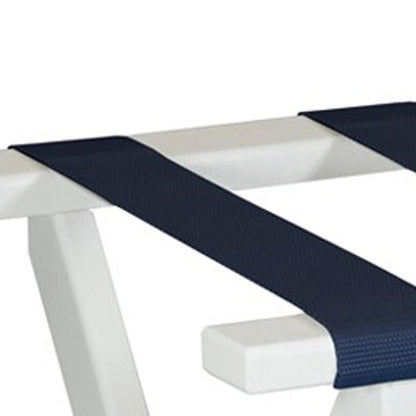 Earth Friendly White Folding Luggage Rack With Navy Straps HomeRoots