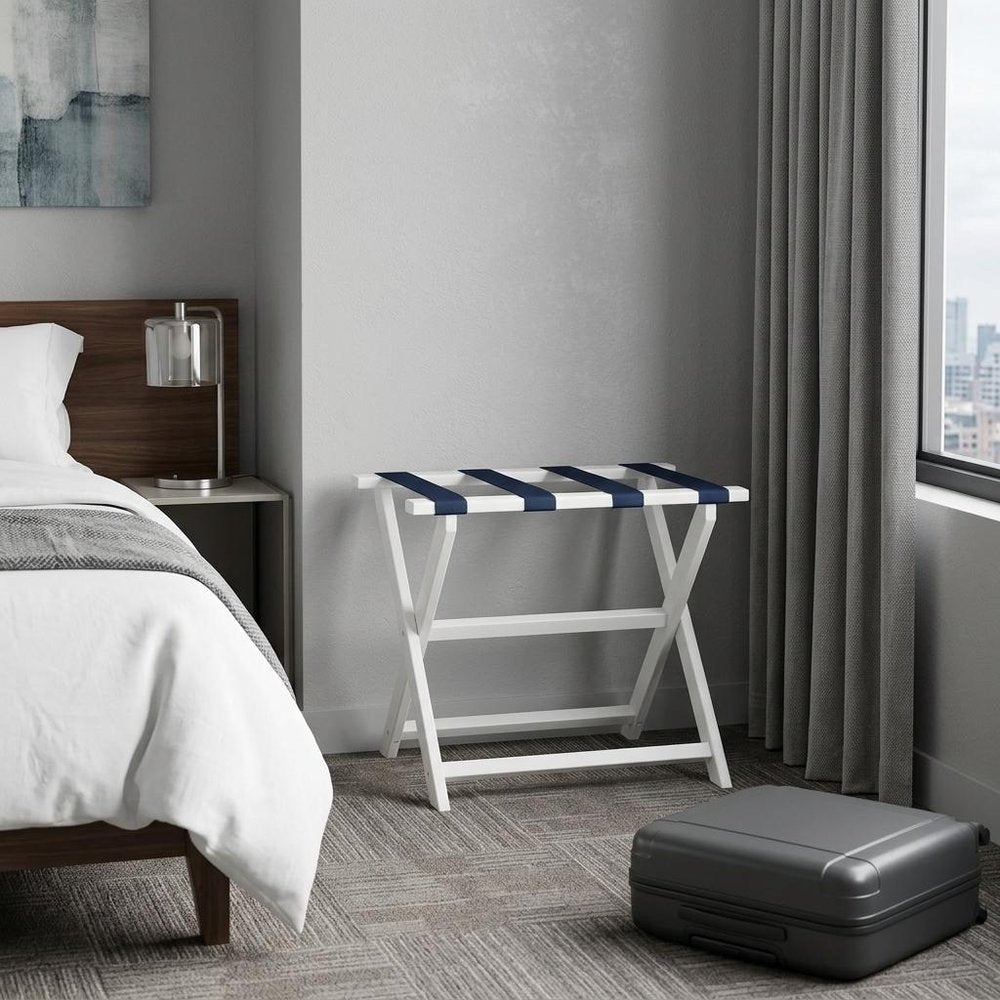 Earth Friendly White Folding Luggage Rack With Navy Straps HomeRoots