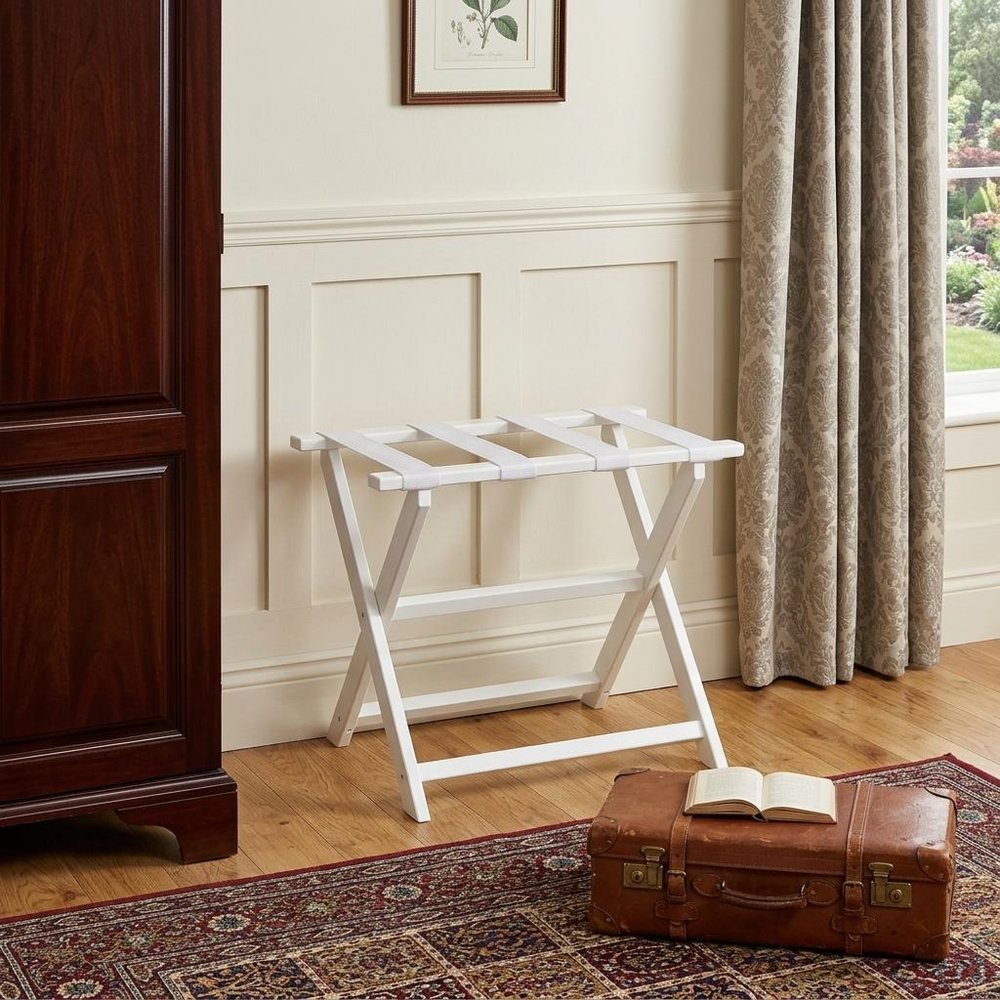 Earth Friendly White Folding Luggage Rack With White Straps HomeRoots