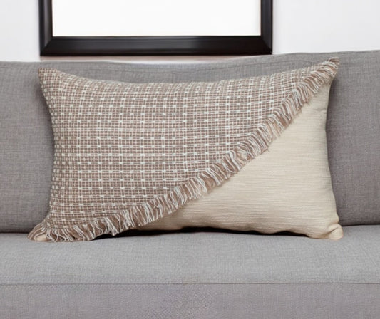 14" X 24" Beige Cotton Throw Pillow With Fringe 5.0" (L) x 24.0" (W) x 14.0" (H)