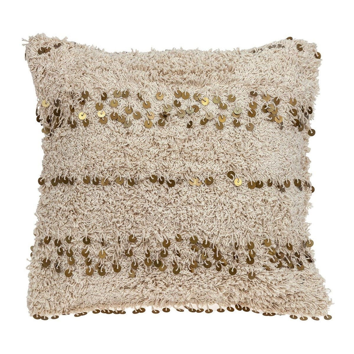 18" Beige And Gold Shaggy Cotton And Sequin Striped Throw Pillow — view 1