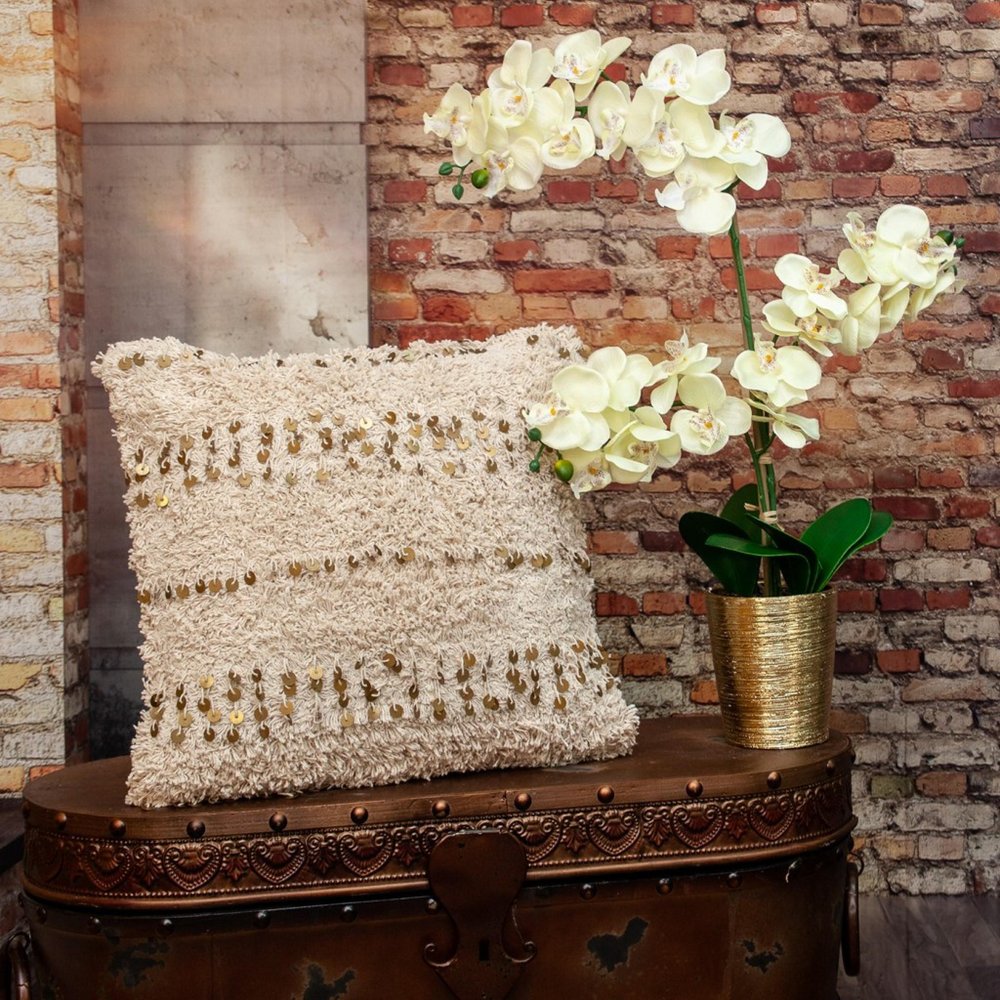 18" Beige And Gold Shaggy Cotton And Sequin Striped Throw Pillow — view 3