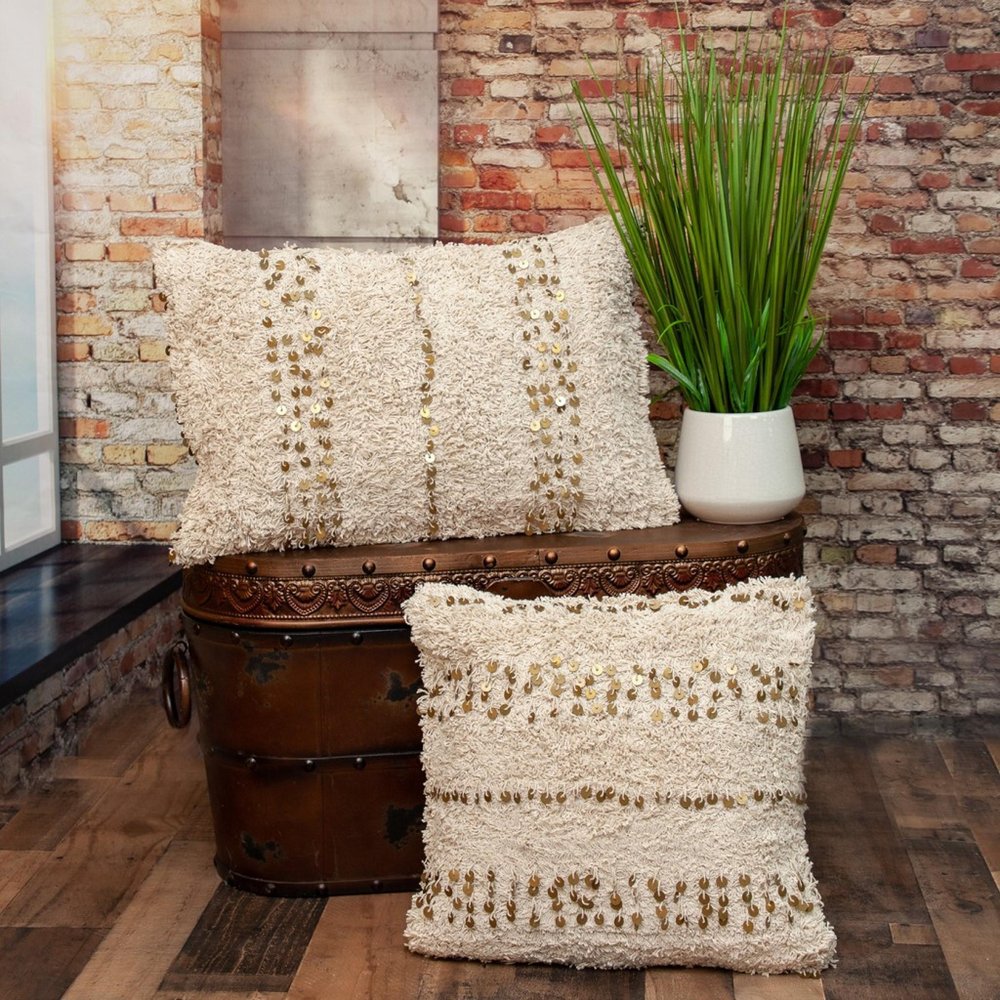 18" Beige And Gold Shaggy Cotton And Sequin Striped Throw Pillow — view 4