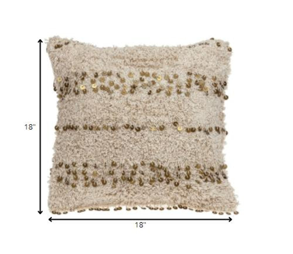 18" Beige And Gold Shaggy Cotton And Sequin Striped Throw Pillow — view 5