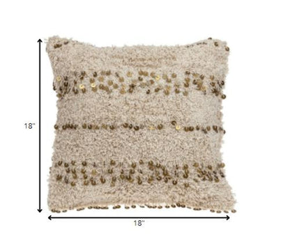 18" Beige And Gold Shaggy Cotton And Sequin Striped Throw Pillow