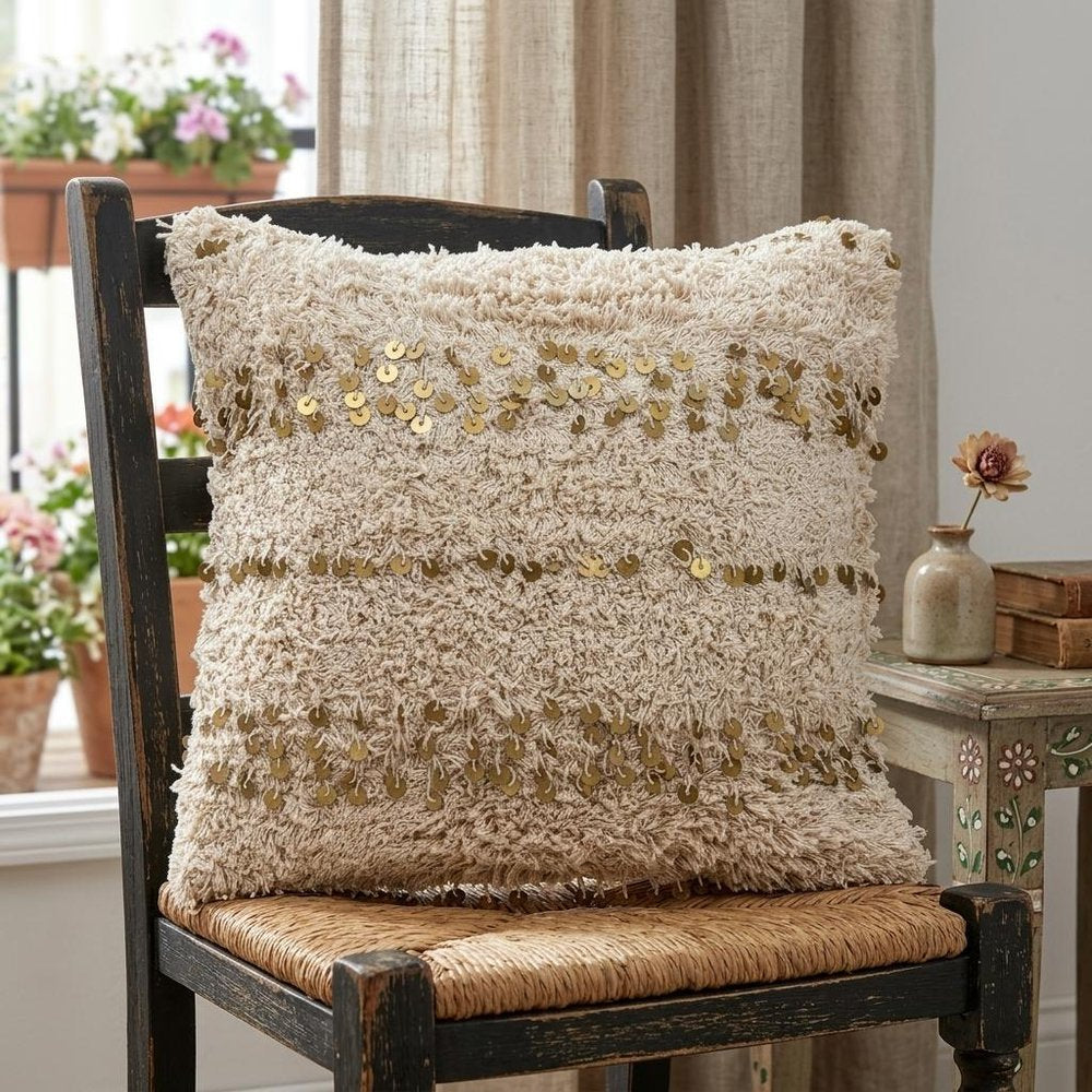 18" Beige And Gold Shaggy Cotton And Sequin Striped Throw Pillow — view 6