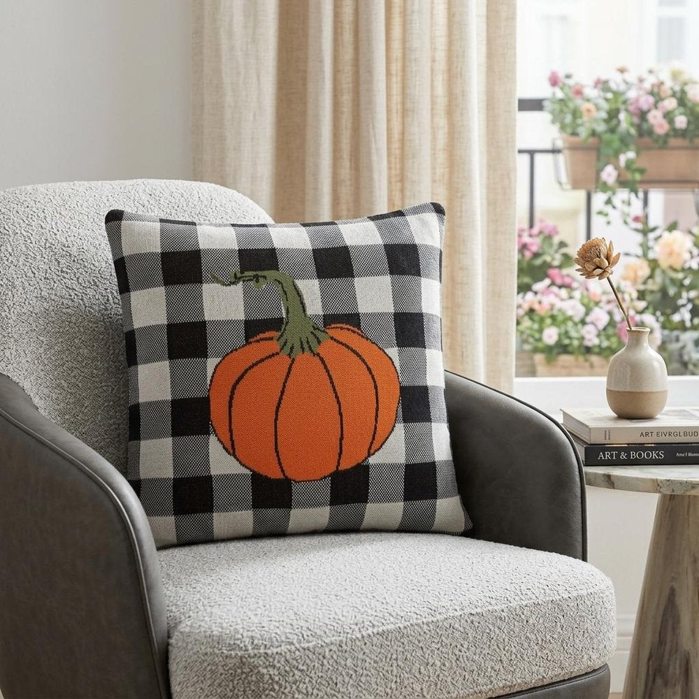 20" Black And White Pumpkin Buffalo Check Throw Pillow — view 9