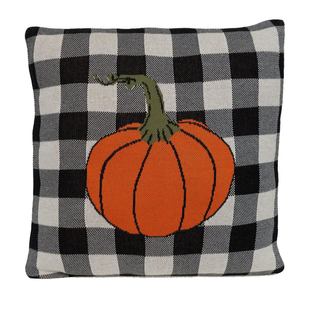 20" Black And White Pumpkin Buffalo Check Throw Pillow — view 5