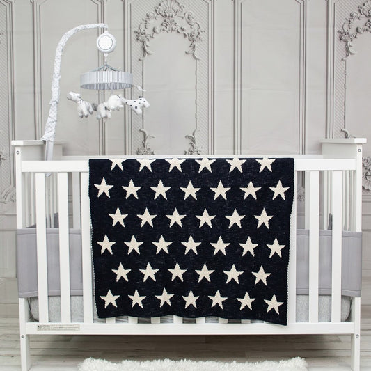 Navy Blue And White Stars Knitted Baby Blanket HomeRoots