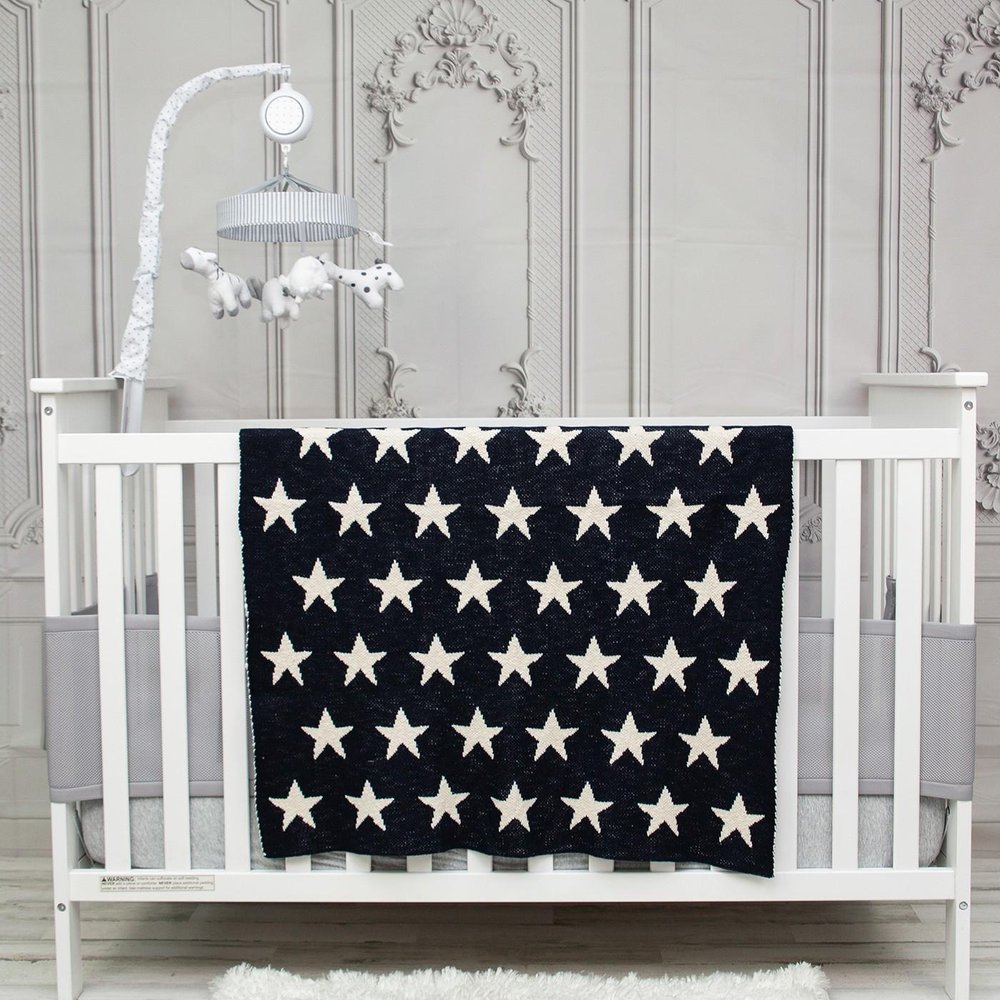 Navy Blue And White Stars Knitted Baby Blanket — view 2