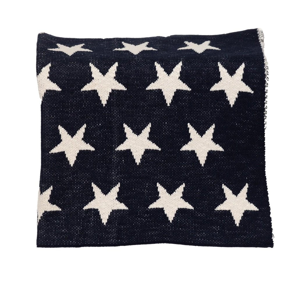 Navy Blue And White Stars Knitted Baby Blanket — view 3